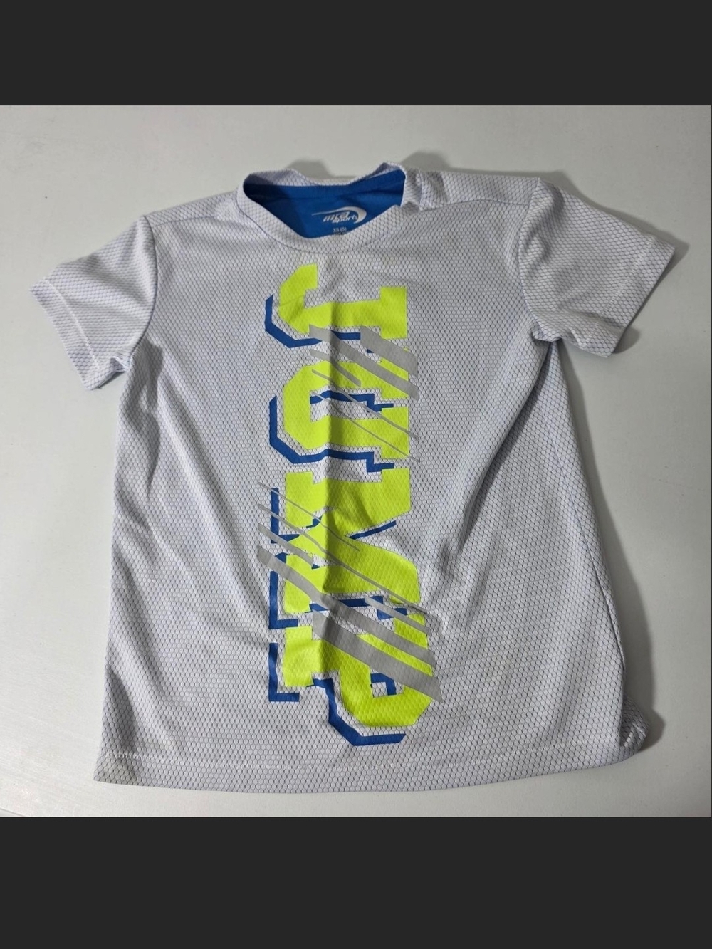 MTA Sport White Kids Short Sleeve Tee with Neon Yellow & Blue Graphic